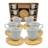 Set X 6 Tazas Ceramica + Platos Madera Para Té Café Oferta