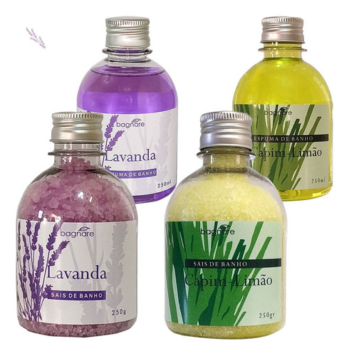 Kit 2 Sais + 2 Espumas De Banho Banheira Hidromassagem Relax Fragrância Lavanda + Capim-limão