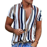 Camisa Casual De Manga Corta A Rayas Para Hombre De Verano.