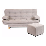 Sofa Cama Valencia Plata + Puff + 2 Cojines Tela Antirasguño