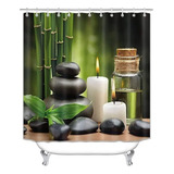 Set Cortina Baño Bambú Verde Y Negro Zen Lake Stone