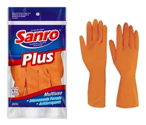 Luva Látex Proteção Limpeza Multiuso Sanro Plus Laranja Pmg