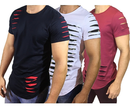 Kit 3 Camisas Masculinas Longline Camisetas Modelos Rasgados