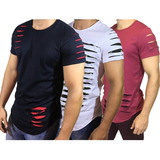 Kit 3 Camisas Masculinas Longline Camisetas Modelos Rasgados