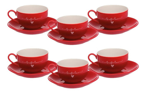 Jogo De Xícara Porcelana Vermelho Chá E Café 160ml 12 Peças