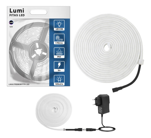 Mangueira De Fita Led Neon Lumi 5m Flexível 12v A Prova D'água Branco Neutro Com Fonte Alimentaçao