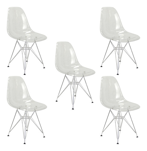 Kit 5 Cadeira Eame Cristal Transparente Eiffel Metal Cromado