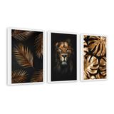 Kit 3 Quadros Leao Africano Folhas Golden Black 40x60