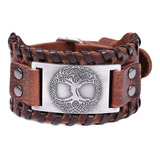 Pulsera Brazalete Cuero Estilo Vikingo Cafe Arbol De La Vida