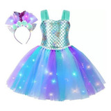 Vestido Conjunto Disfraz Sirenita Niña Tutú Tul+led