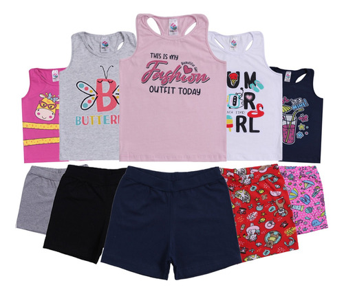 Kit 10 Peças Roupa Infantil Feminino 5 Regatas + 5 Shorts