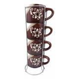 Set De 4 Mugs Tazas De Flores Café En Torre Rack Apilable