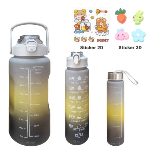 Combo De 3 Termos Botella Agua Motivacional + Stickers Y Pin