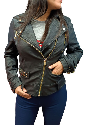 Campera Mujer Eco Simil Cuero Chaqueta Bordada Bolsillos 