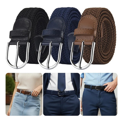 Cryzmitol 3pzs Cinturón Trenzado Elástico De Moda Casual Hombre Mujer Tela Trenzada Transpirable,hebilla De Aleación De Zinc Cinturón Lona Elástica Nylon,negro Y Azul Marino Y Marrón Oscuro 110
