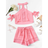 Conjunto Rosa Top Cuello Y Shorts Shein