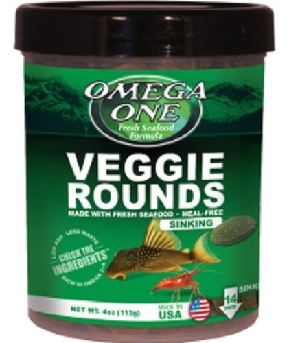 Omega One Veggie Rounds Sinking 113g Alimento Peces Gambas Herbívoro Caracoles Pastilla 14mm A Base De Salmón Algas Marinas Frescas Espirulina