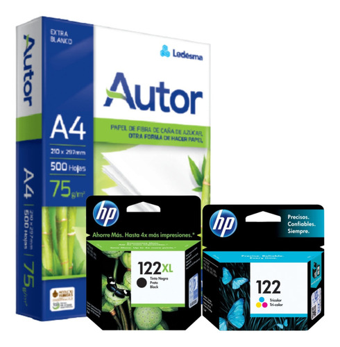 Cartuchos Tinta Original Hp 122 Xl Negro + Color Y Resma A4