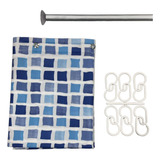 Combo Completo Cortina De Baño + Ganchos + Barral Extensible