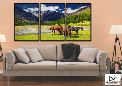 Quadro Decorativo -cavalos Paisagem Grama Montanha Neve Sala