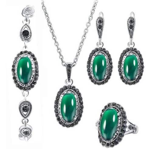 Conjunto Plata Envejecida; Collar Aros Pulsera Piedra Verde