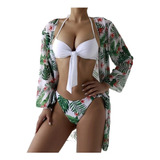 Conjunto De Bikini + Pareo De Playa Tipo Kimono Estampado