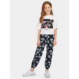 Conjunto Niña Polera Blanca Pantalón Flores Shein