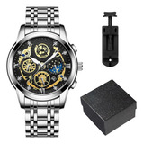 Hombre Reloj Original Cuarzo Inoxidable Con Fechador +caja Color De La Correa White Steel Black Face