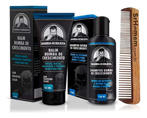 Kit Balm Hidratante Shampoo Pente Duplo Para Barba Robusta