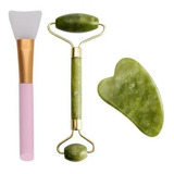 Masajeador Rodillo Jade + Gua Sha Jade Facial + Aplicador