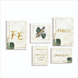 Kit 5 Quadros Decorativos Folhas Fé Amor Gratidão Abstrato