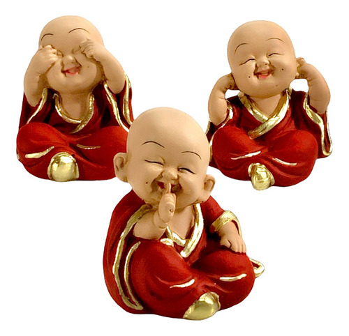 Trio Buda Ouro + Cores Bebê Cego Surdo Mudo Monge Enfeite