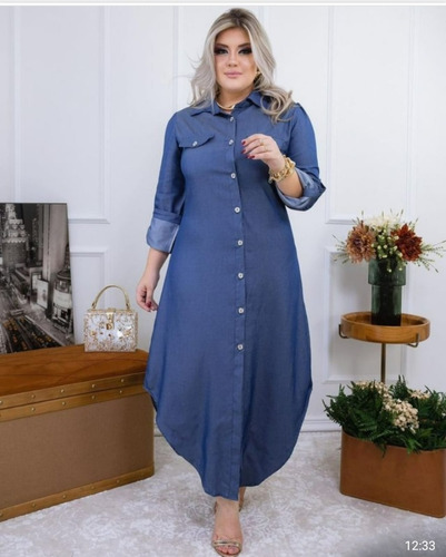 Vestido Chemise Longo Botões Jeans Plus Size Moda Evangelica