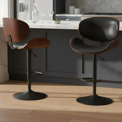 Pack de 2 Bancos de Bar Negros con Respaldo y Asiento de Madera Tapizado en Piel, Ajustables y Giratorios 360° | Meses sin interés