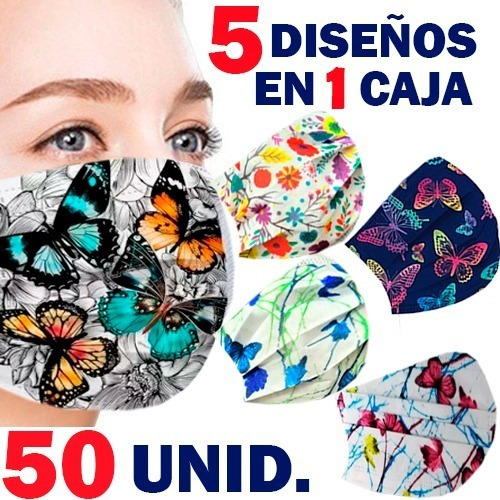 50 Mascarillas Desechables Certificada Mariposas 5 Diseños