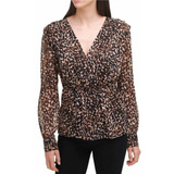 Dkny Printed Faux-wrap Top Black Whiskey Sour Multi Blusa