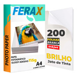 200 Folha Papel Fotográfico Adesivo A4 115g Glossy Brilhante Cor Branco