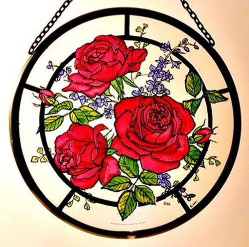 Panel De Vidrio Pintado A Mano Con Diseño De Rosas Rojas.