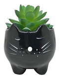 Vasinho De Ceramica Gato Bigode Preto Para Suculenta E Flor