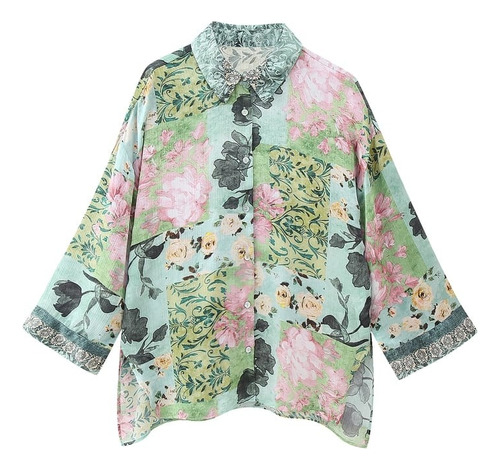 Camisa Blusa Social Feminina Estampada Floral Elegante 19o20