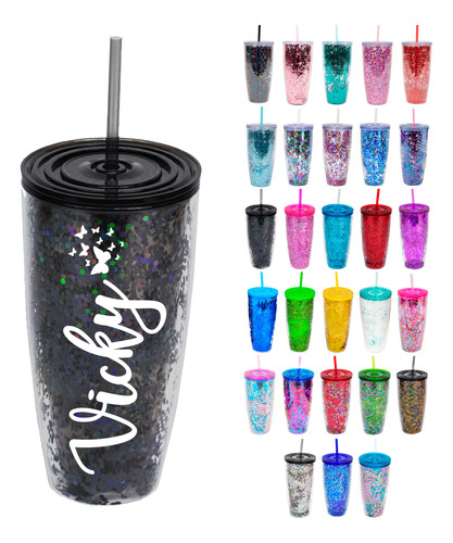 Vaso Glitter Personalizado Con Popote 