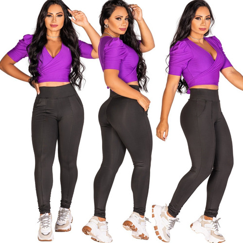 Kit 3 Calça Legging Com Bolso Montaria Suplex Preta Cós Alto