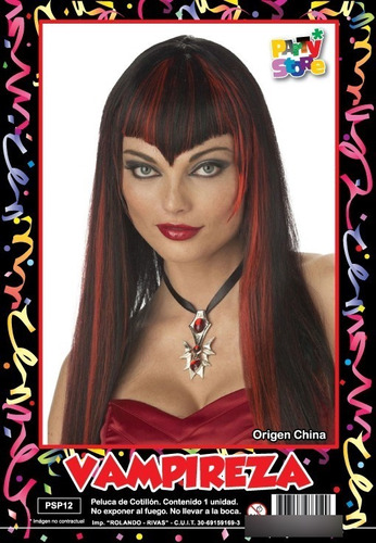 Peluca Larga Flequillo Vampireza Halloween Mujer Cotillon