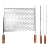 Kit Grelha Moeda Inox 40x36 Para Churrasco Cabo Madeira Com 