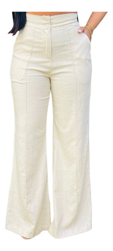 Calça Pantalona Linho Alfaiataria Social Botões Wide Leg