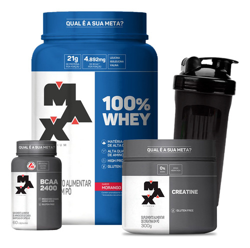 Combo 100% Whey 900g Bcaa 60caps Creatina 300g Coqueteleira