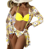 S Conjunto Moda Praia Feminino Kimono + Biquini 3peças