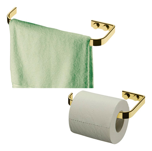 Kit Porta Toalha Rosto E Suporte Papel Higiênico Dourado