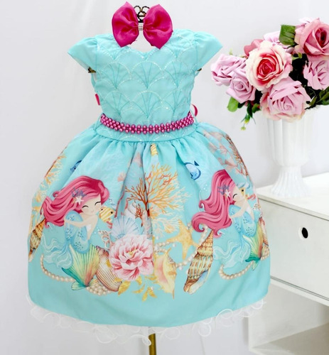 Vestido Infantil Ariel Pequena Sereia Luxo 4 A 12 E 2 Tiaras