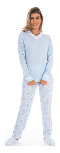 Pijama De Frio Feminino Canelado Gola Com Renda Victory